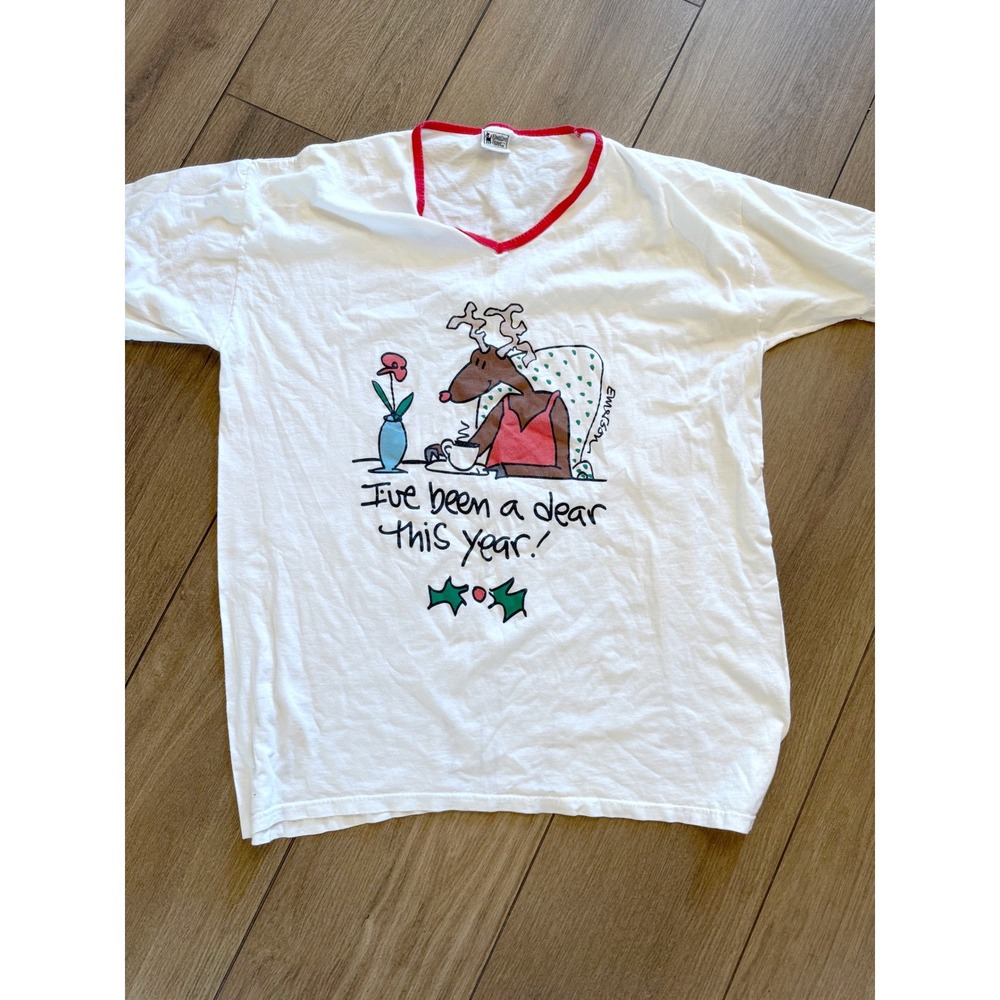 Emerson Street Reindeer Christmas Nightshirt Mens OS White Cotton Made in USA